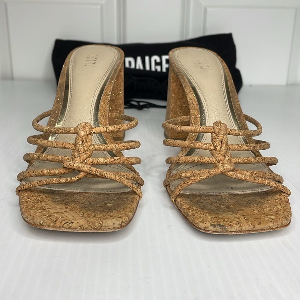 Paige Becca Block Heel Sandal Size 8 Tan Knot Strap Upper Gold Specs - Picture 4 of 14